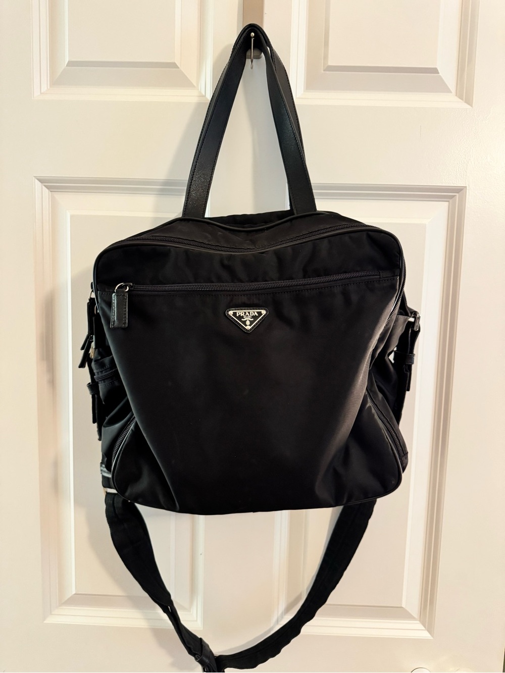 Prada Black Nylon Diaper Bag Tote with Leather Straps
